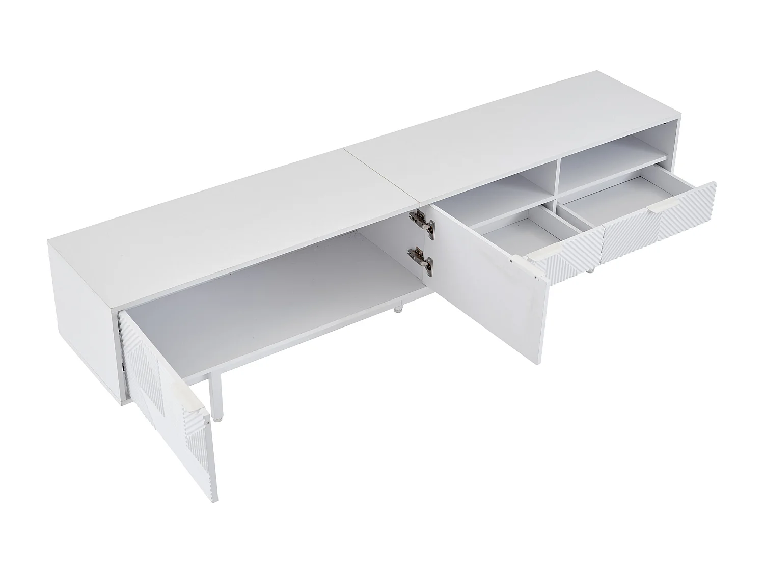 Meuble TV 200x40x51 cm, 2 portes, étagères ouvertes et passe câbles, panneaux de particules blanc