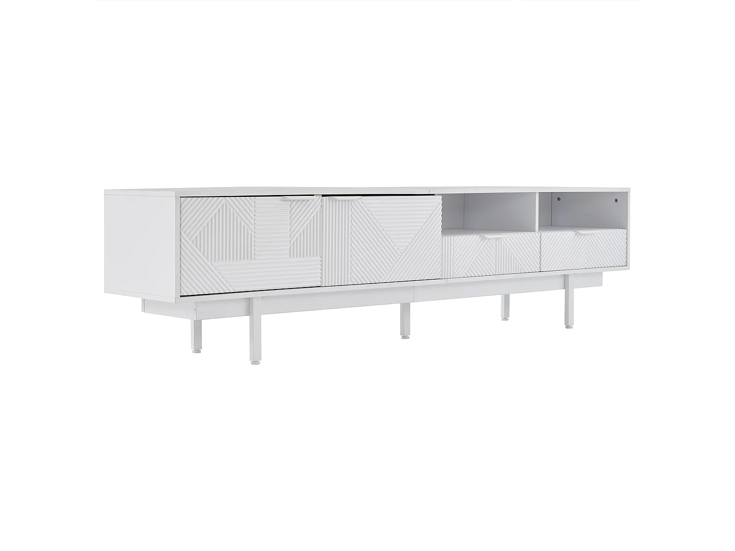 Meuble TV 200x40x51 cm, 2 portes, étagères ouvertes et passe câbles, panneaux de particules blanc