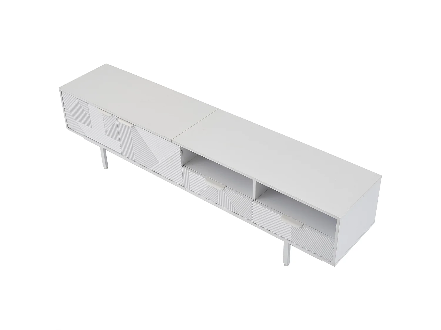 Meuble TV 200x40x51 cm, 2 portes, étagères ouvertes et passe câbles, panneaux de particules blanc