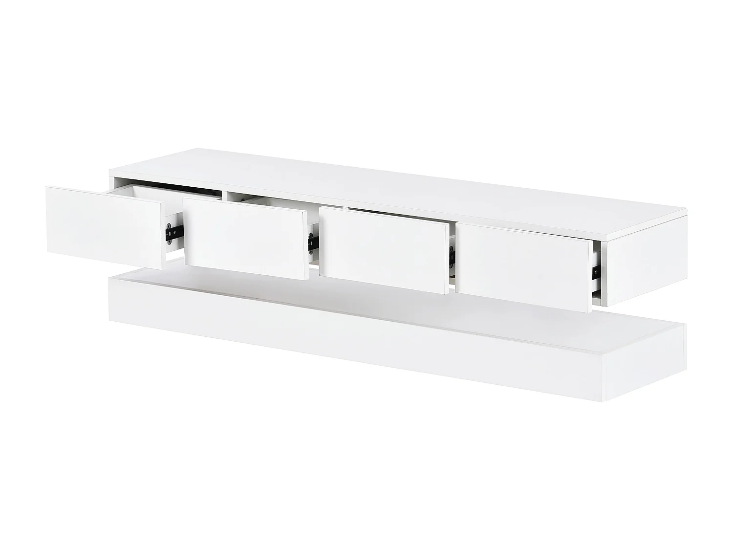 Meuble TV mural 130x33x15 cm, 4 tiroirs, éclairage LED contrôlé par application Bluetooth, MDF blanc