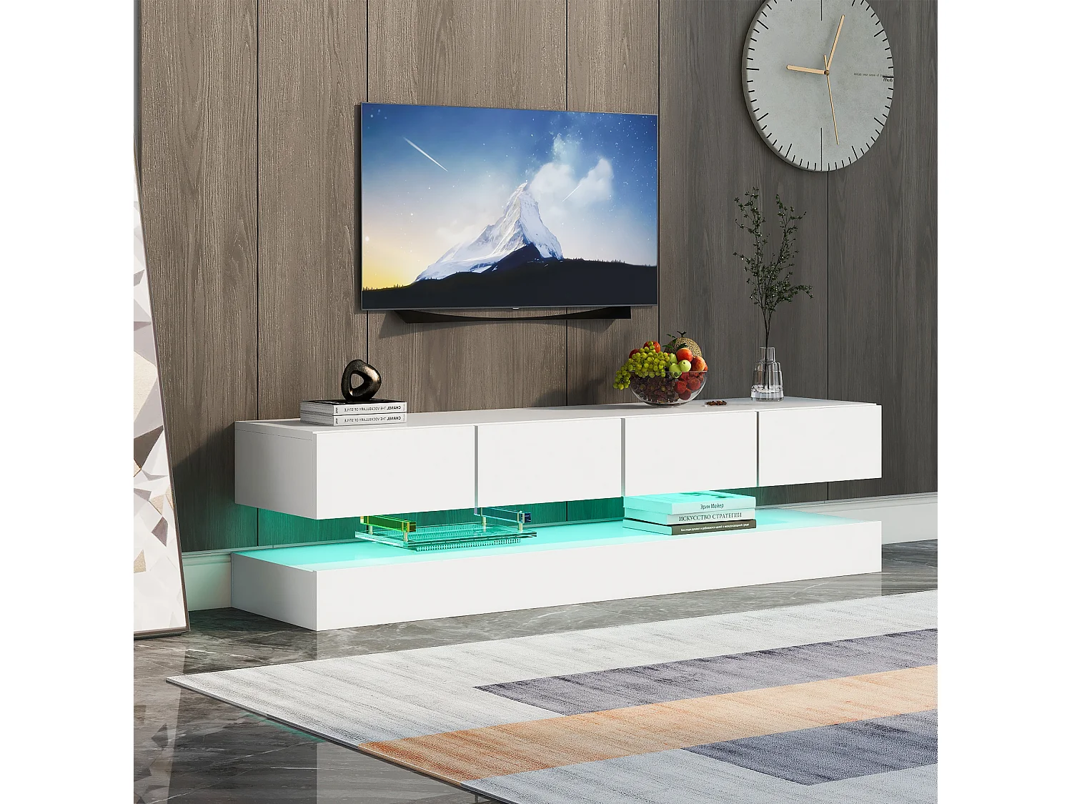 Meuble TV mural 130x33x15 cm, 4 tiroirs, éclairage LED contrôlé par application Bluetooth, MDF blanc