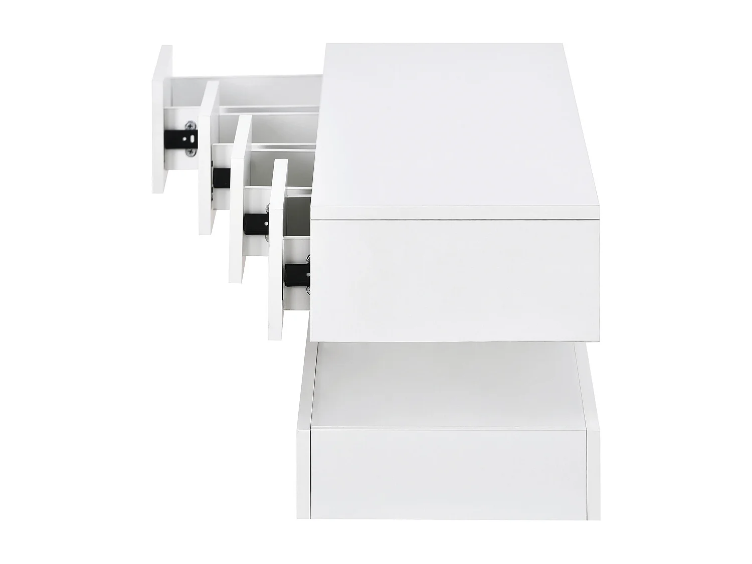 Meuble TV mural 130x33x15 cm, 4 tiroirs, éclairage LED contrôlé par application Bluetooth, MDF blanc