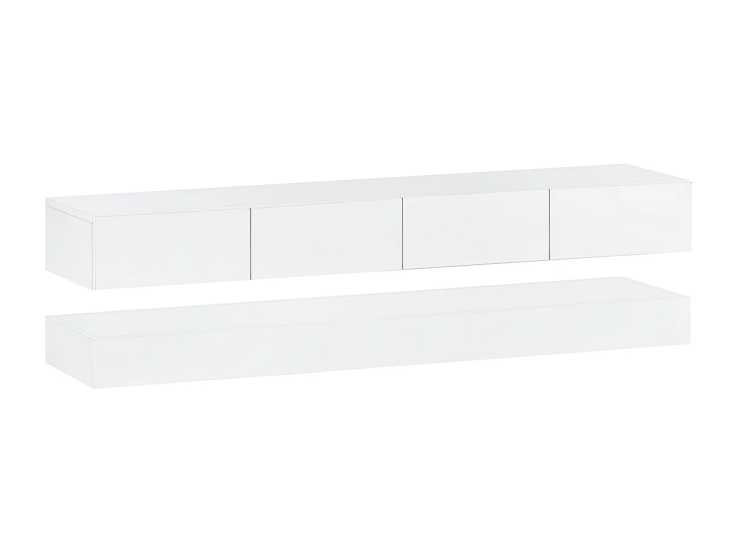 Meuble TV mural 130x33x15 cm, 4 tiroirs, éclairage LED contrôlé par application Bluetooth, MDF blanc