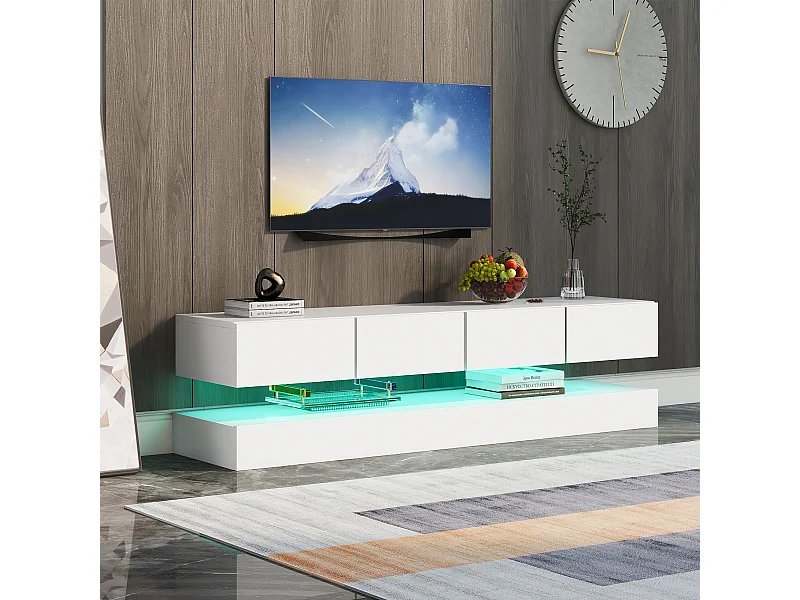Meuble TV 130x33x15 cm LED salon avec 2 meubles et 4 tiroirs et rangement ouvert - bois - blanc