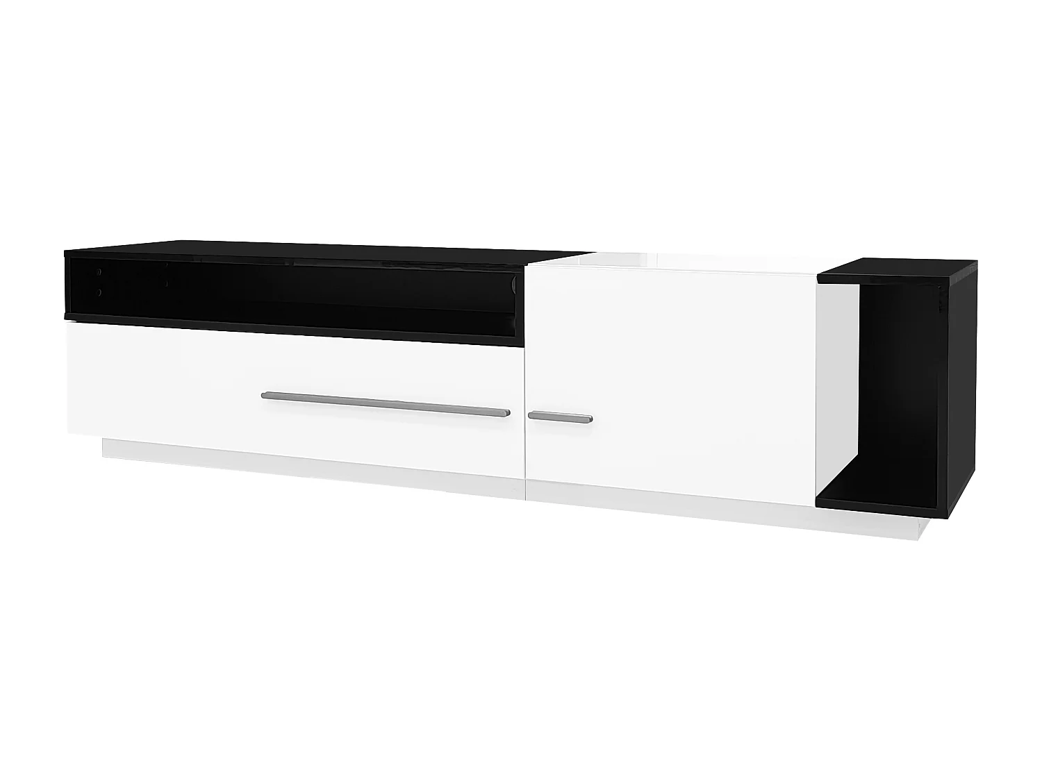 Meuble TV 170x38x42.3 cm, 1 tiroir, 1 porte, rangement ouvert, passe câble, panneaux de particules noir et blanc