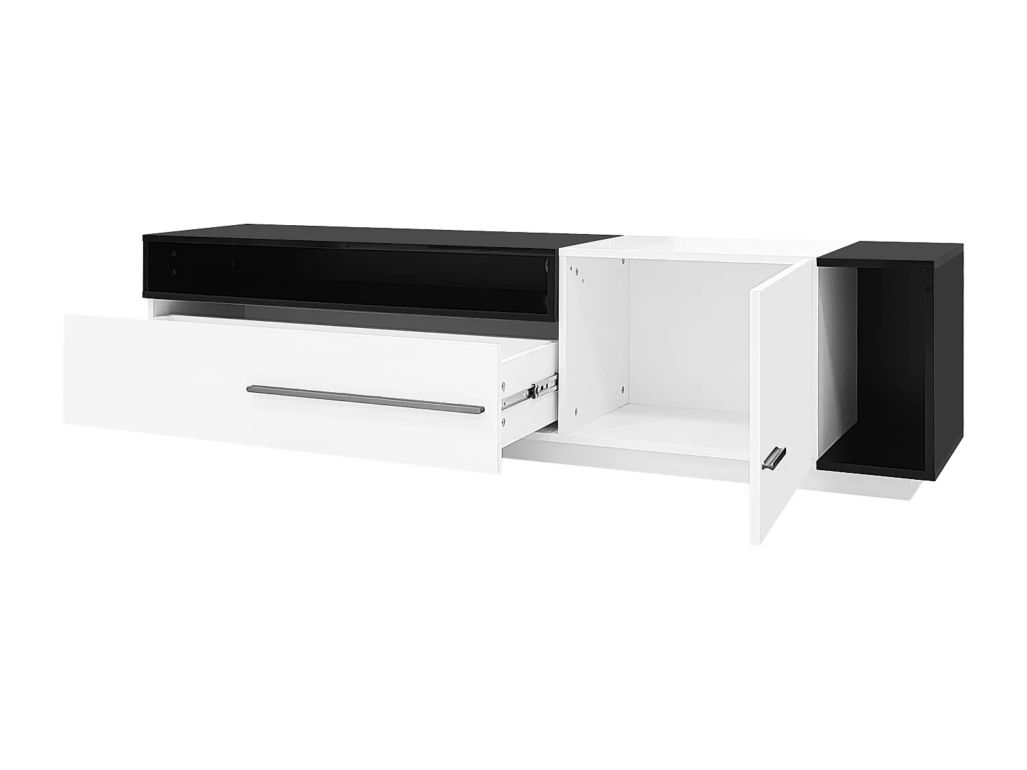 Meuble TV 170x38x42.3 cm, 1 tiroir, 1 porte, rangement ouvert, passe câble, panneaux de particules noir et blanc