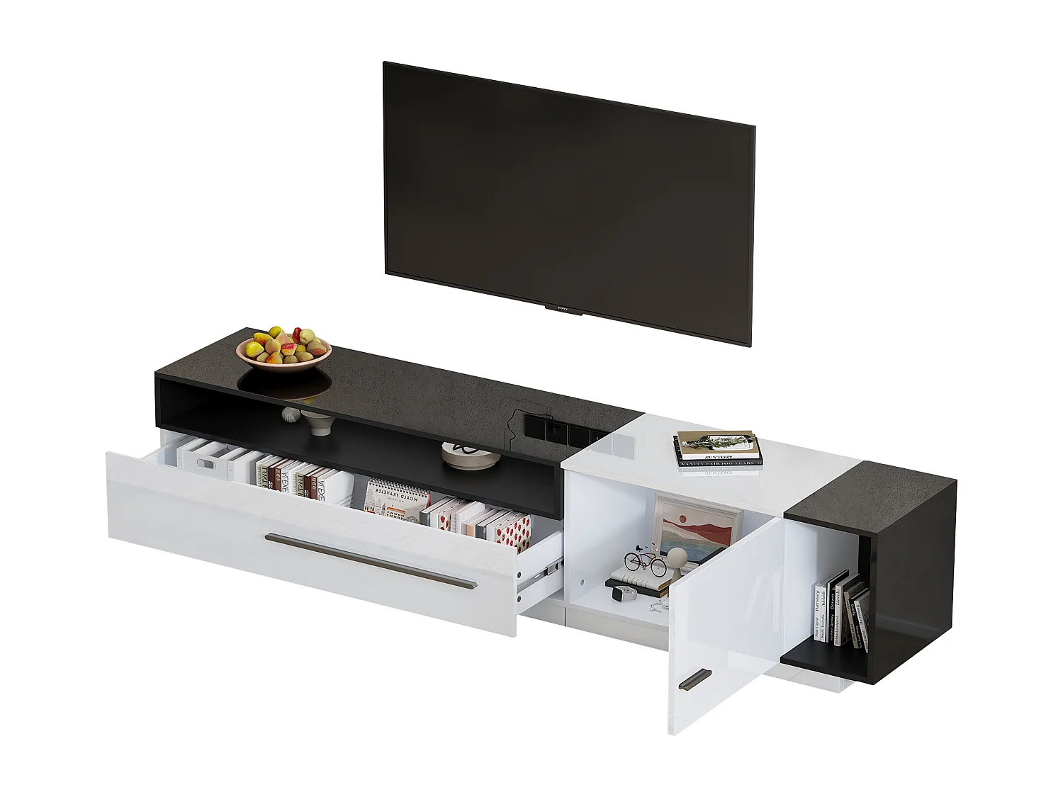 Meuble TV 170x38x42.3 cm, 1 tiroir, 1 porte, rangement ouvert, passe câble, panneaux de particules noir et blanc