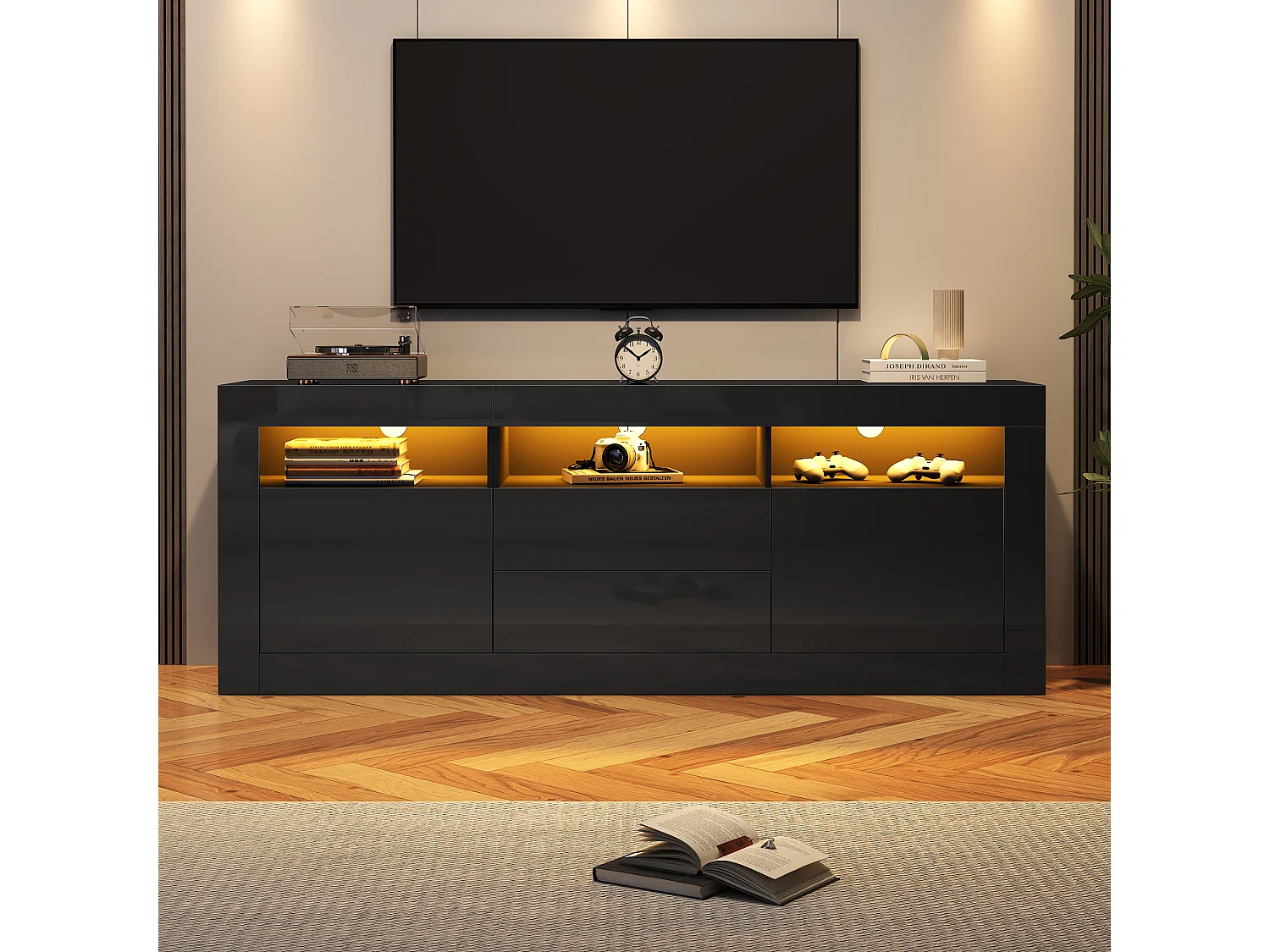Meuble TV 160x35x60 cm, LED Bluetooth, 3 niches 2 portes 2 tiroirs push to open, panneau de particules noir