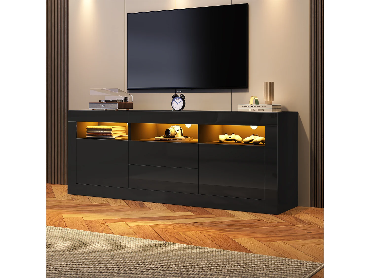 Meuble TV 160x35x60 cm, LED Bluetooth, 3 niches 2 portes 2 tiroirs push to open, panneau de particules noir