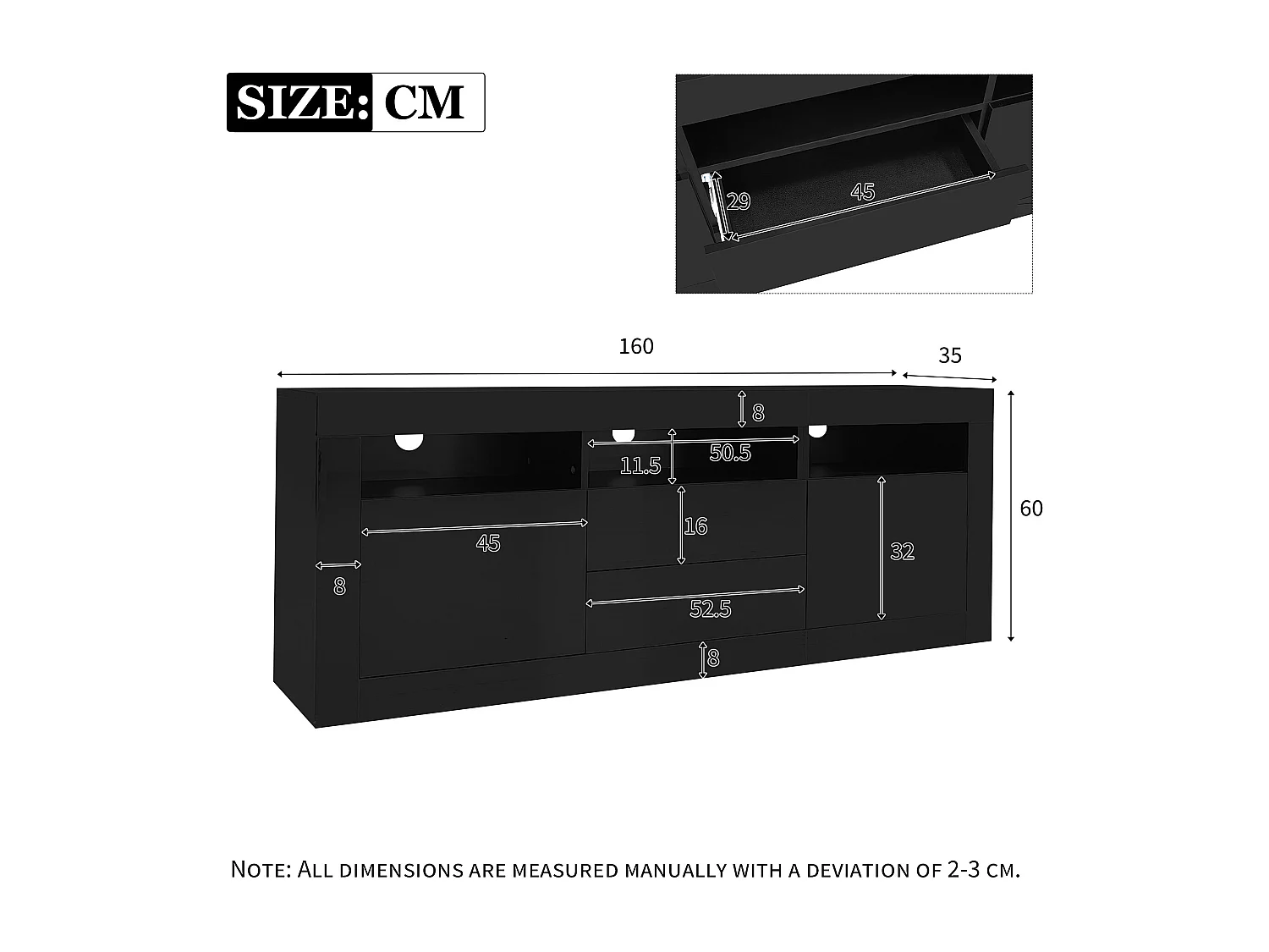 Meuble TV 160x35x60 cm, LED Bluetooth, 3 niches 2 portes 2 tiroirs push to open, panneau de particules noir