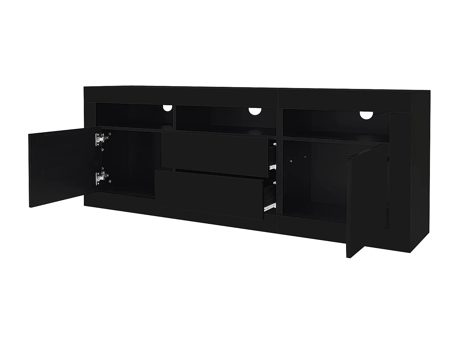 Meuble TV 160x35x60 cm, LED Bluetooth, 3 niches 2 portes 2 tiroirs push to open, panneau de particules noir