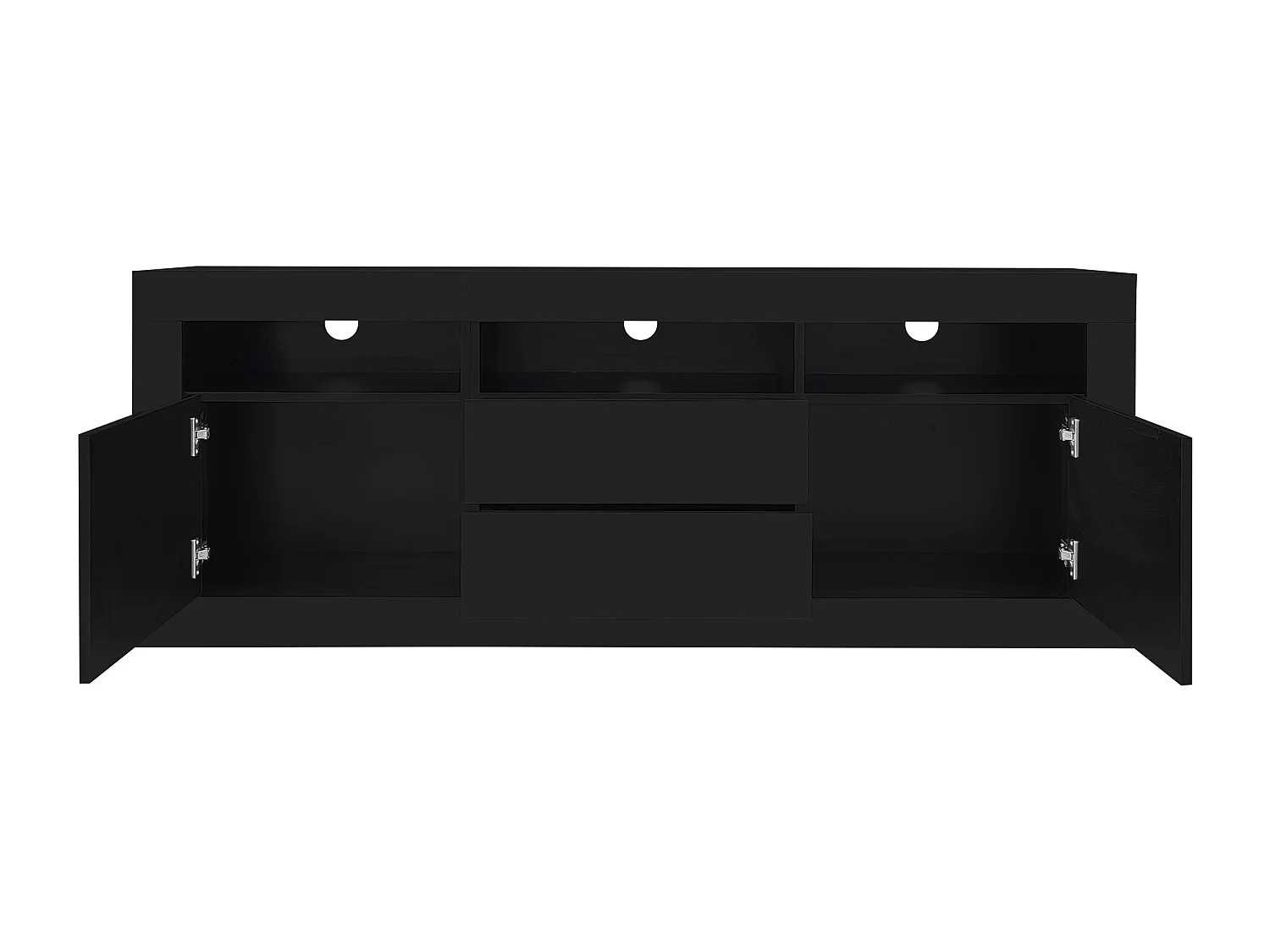 Meuble TV 160x35x60 cm, LED Bluetooth, 3 niches 2 portes 2 tiroirs push to open, panneau de particules noir