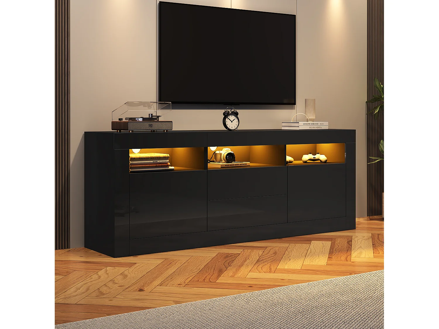 Meuble TV 160x35x60 cm, LED Bluetooth, 3 niches 2 portes 2 tiroirs push to open, panneau de particules noir