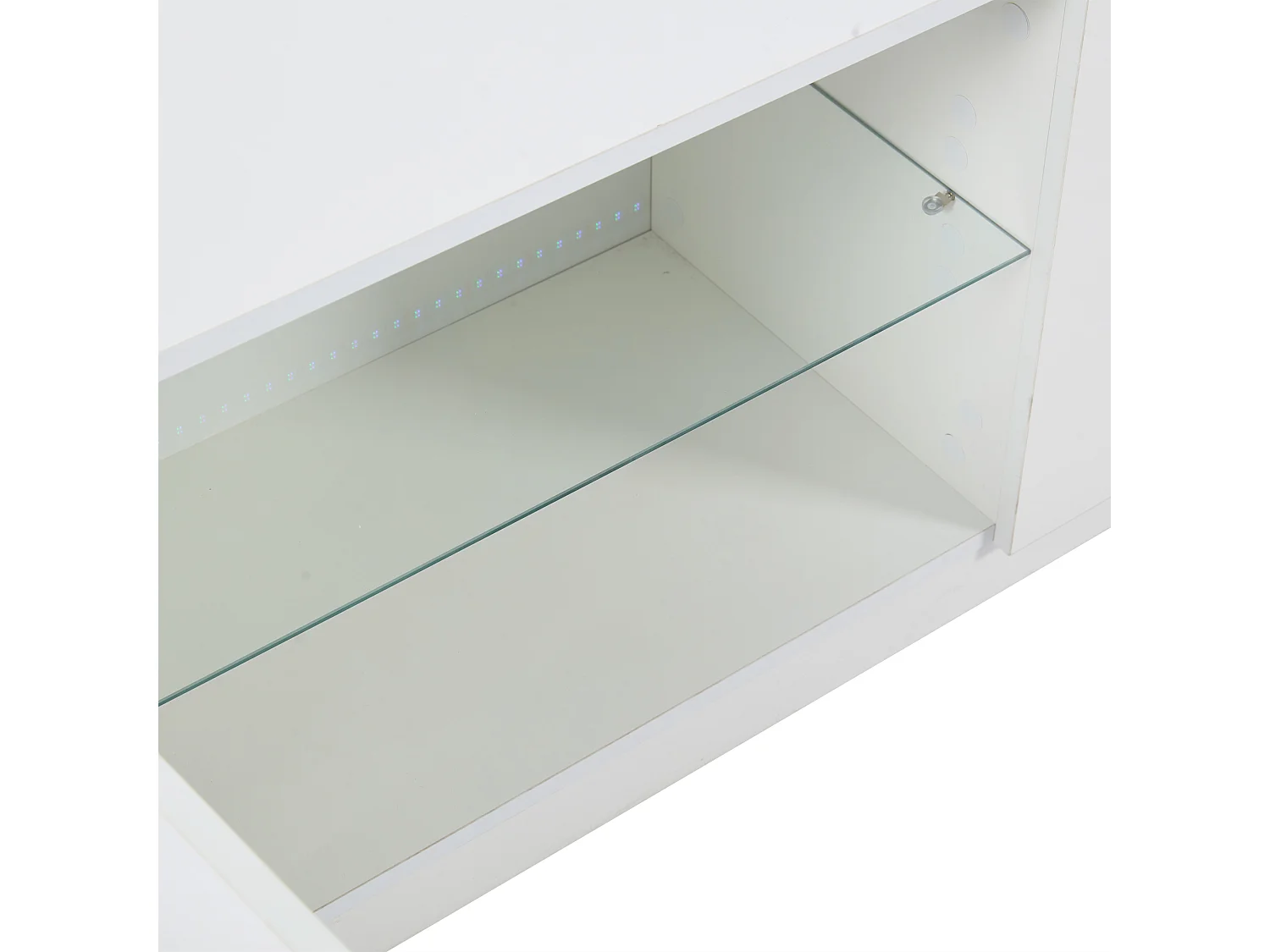 Meuble TV 160x40x52 cm, LED USB, 2 tiroirs et 1 porte, MDF et verre trempé, blanc