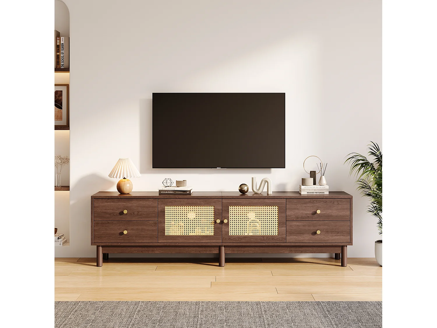 Meuble TV 180x35x44 cm, 2 portes en rotin, 4 tiroirs, passe câbles, charnières hydrauliques, panneaux de particules marron