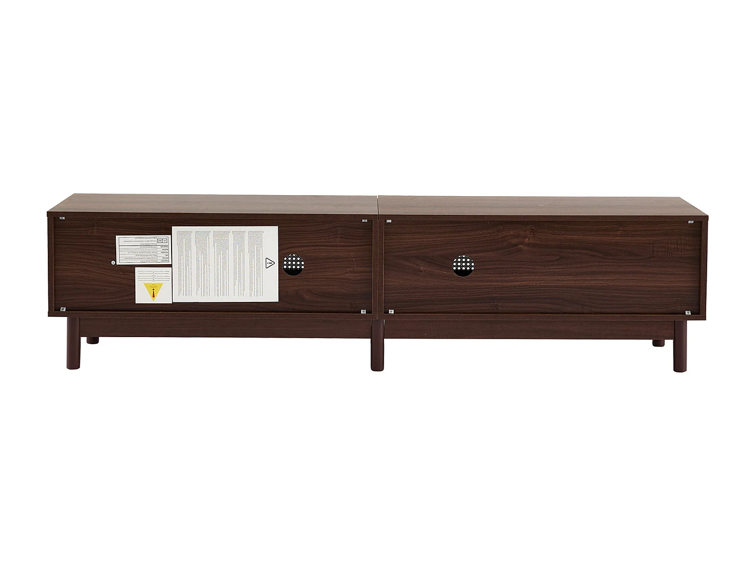 Meuble TV 180x35x44 cm, 2 portes en rotin, 4 tiroirs, passe câbles, charnières hydrauliques, panneaux de particules marron