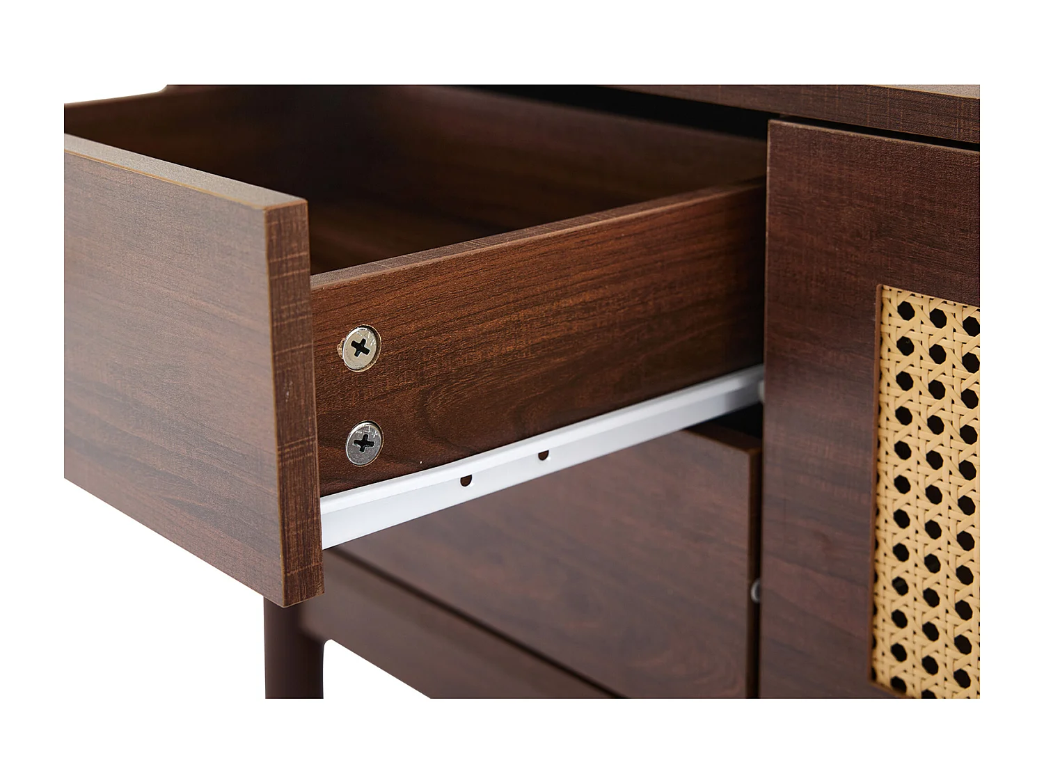 Meuble TV 180x35x44 cm, 2 portes en rotin, 4 tiroirs, passe câbles, charnières hydrauliques, panneaux de particules marron