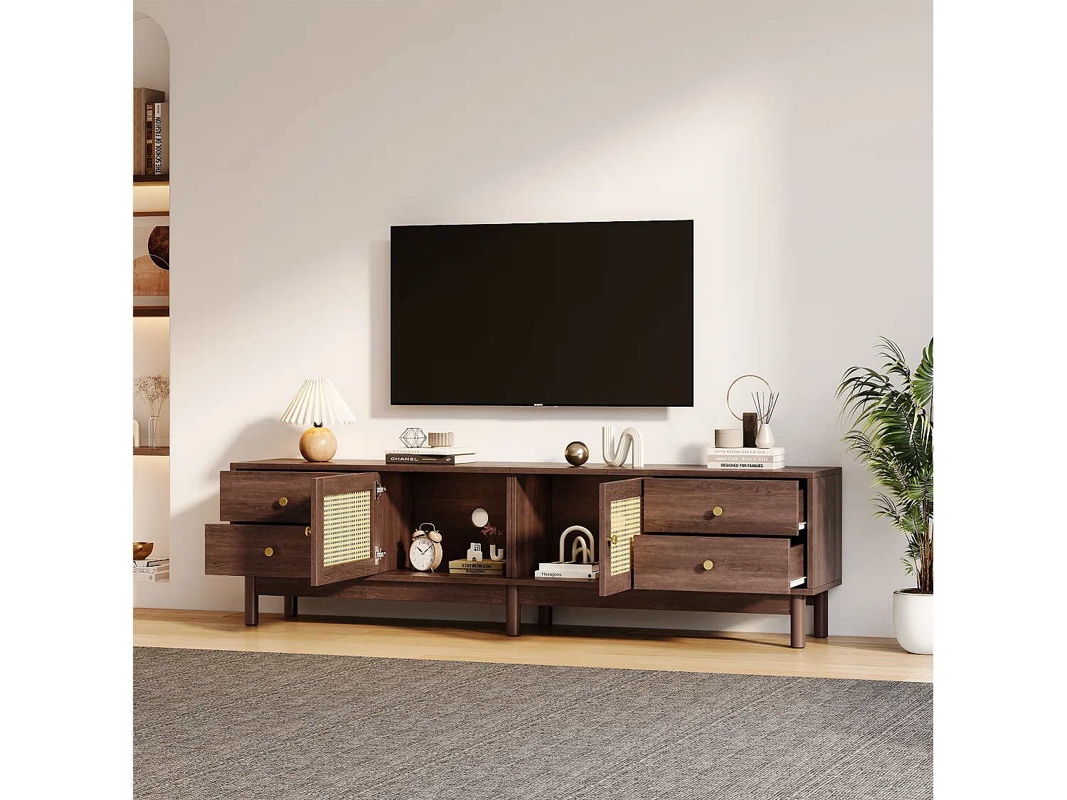 Meuble TV 180x35x44 cm, 2 portes en rotin, 4 tiroirs, passe câbles, charnières hydrauliques, panneaux de particules marron