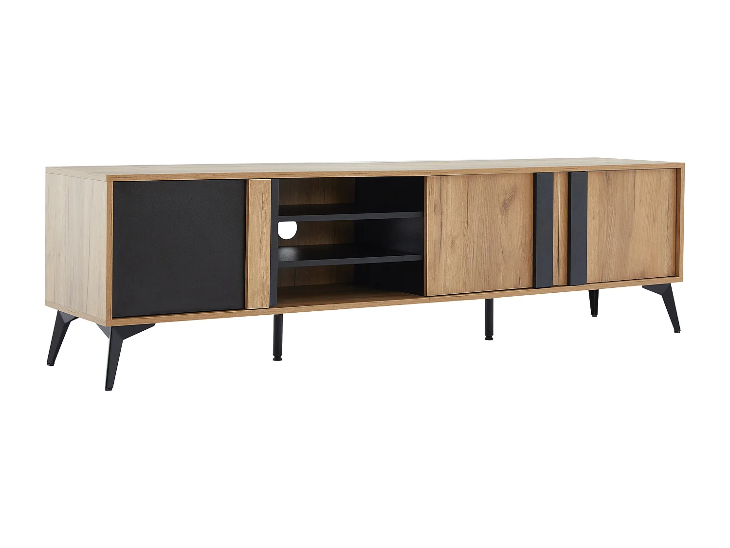 Meuble TV 180x40x50 cm, 3 portes et 4 niches ouvertes, passe câbles, pieds réglables, panneaux de particules marron et noir