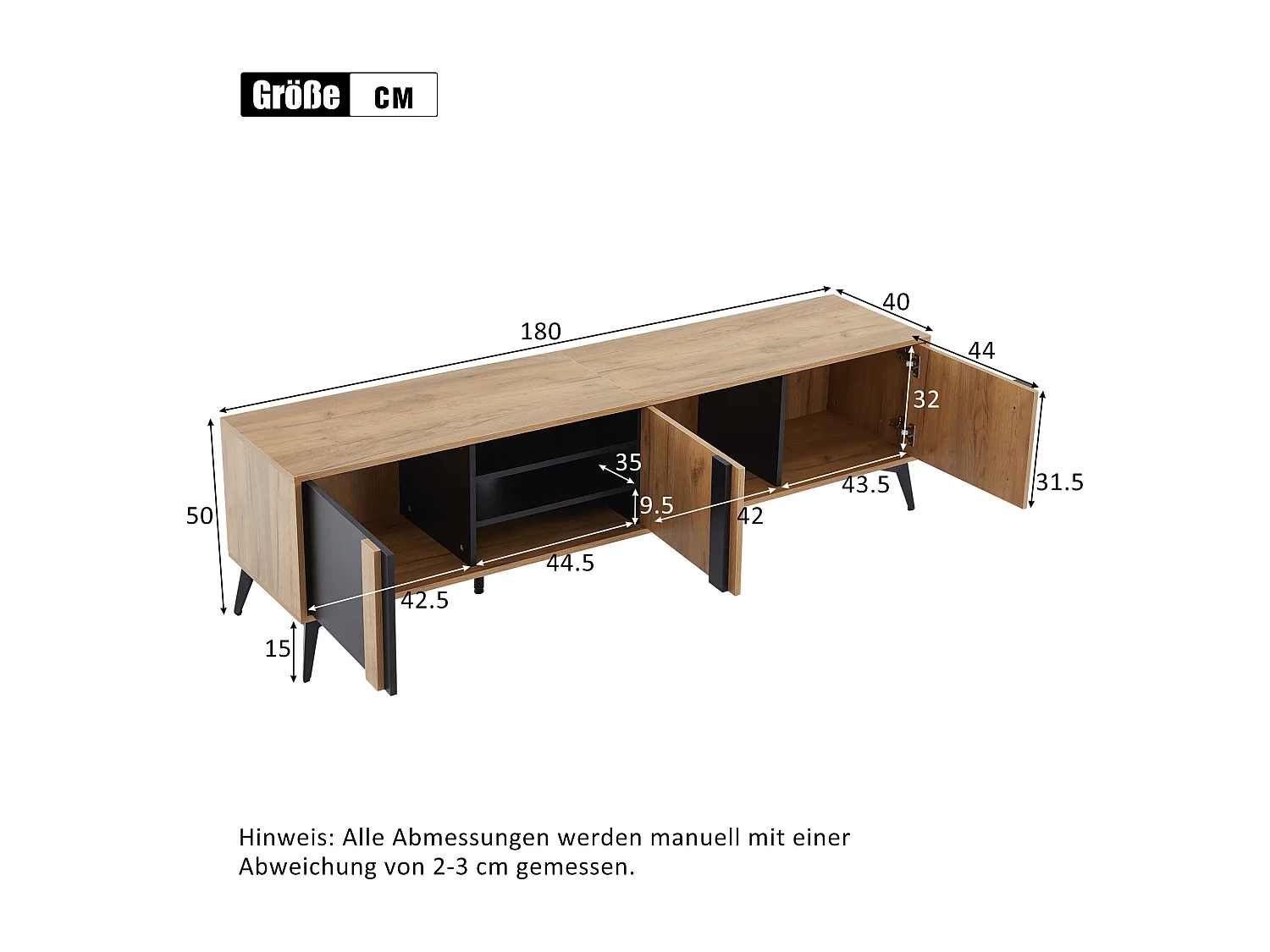 Meuble TV 180x40x50 cm, 3 portes et 4 niches ouvertes, passe câbles, pieds réglables, panneaux de particules marron et noir