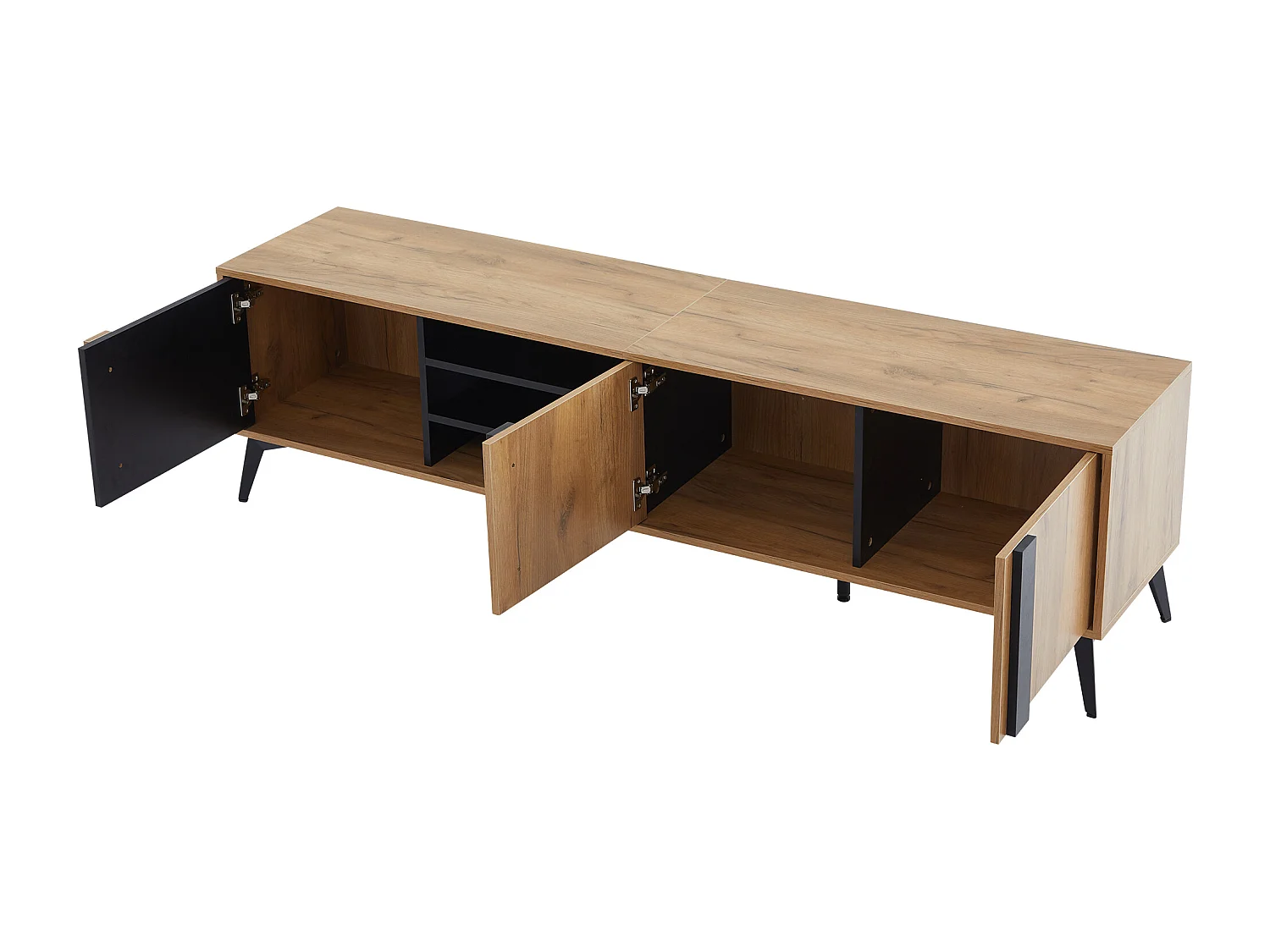 Meuble TV 180x40x50 cm, 3 portes et 4 niches ouvertes, passe câbles, pieds réglables, panneaux de particules marron et noir