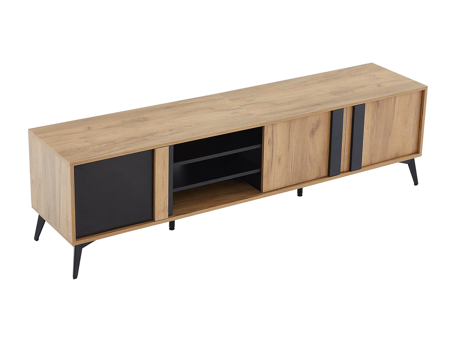 Meuble TV 180x40x50 cm, 3 portes et 4 niches ouvertes, passe câbles, pieds réglables, panneaux de particules marron et noir