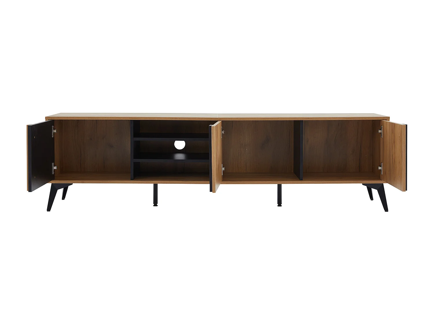 Meuble TV 180x40x50 cm, 3 portes et 4 niches ouvertes, passe câbles, pieds réglables, panneaux de particules marron et noir