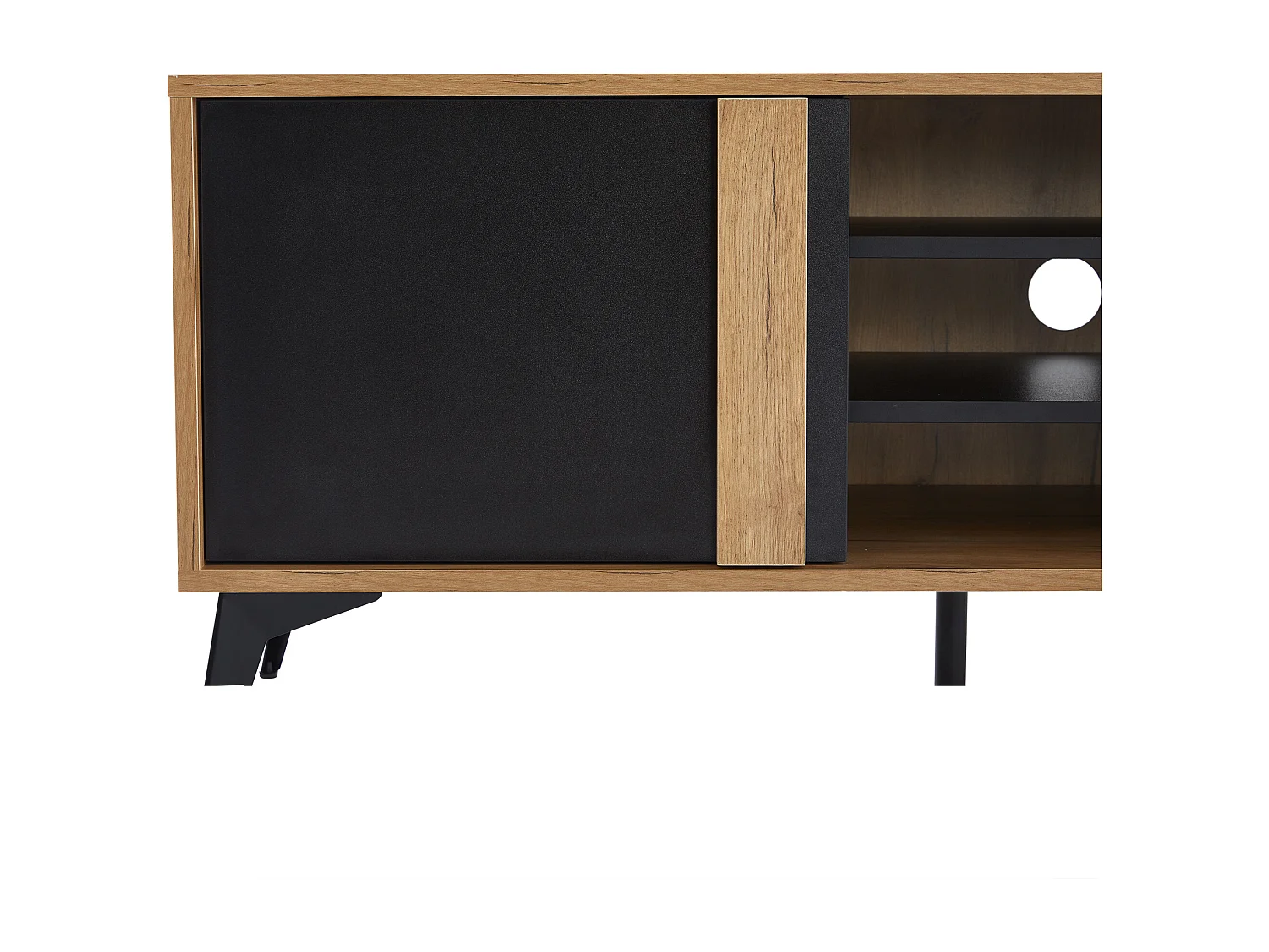 Meuble TV 180x40x50 cm, 3 portes et 4 niches ouvertes, passe câbles, pieds réglables, panneaux de particules marron et noir