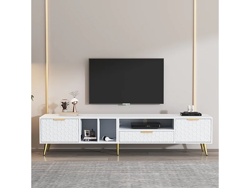 Meuble TV 180x40x41 cm avec 2 portes 1 tiroir meuble de rangement en bois - poignées en métal - blanc