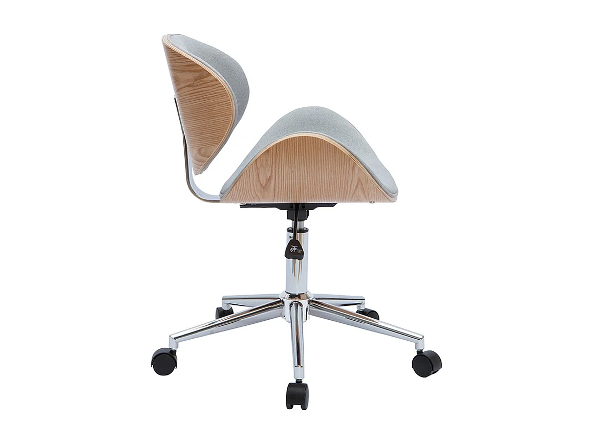 Chaise de bureau à roulettes design en tissu gris clair, bois clair et acier chromé WALNUT