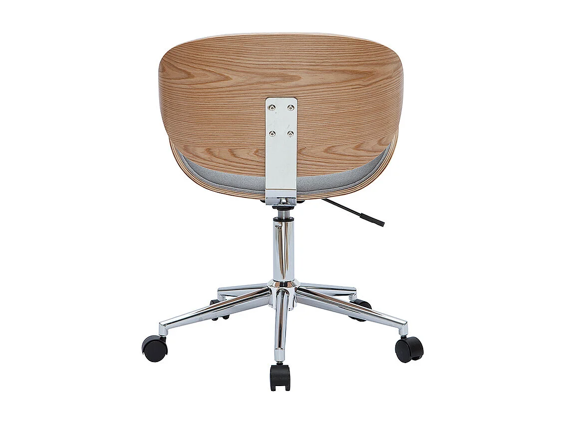 Chaise de bureau à roulettes design en tissu gris clair, bois clair et acier chromé WALNUT