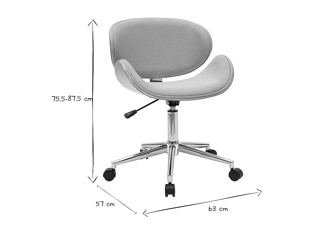 Chaise de bureau à roulettes design en tissu gris clair, bois clair et acier chromé WALNUT