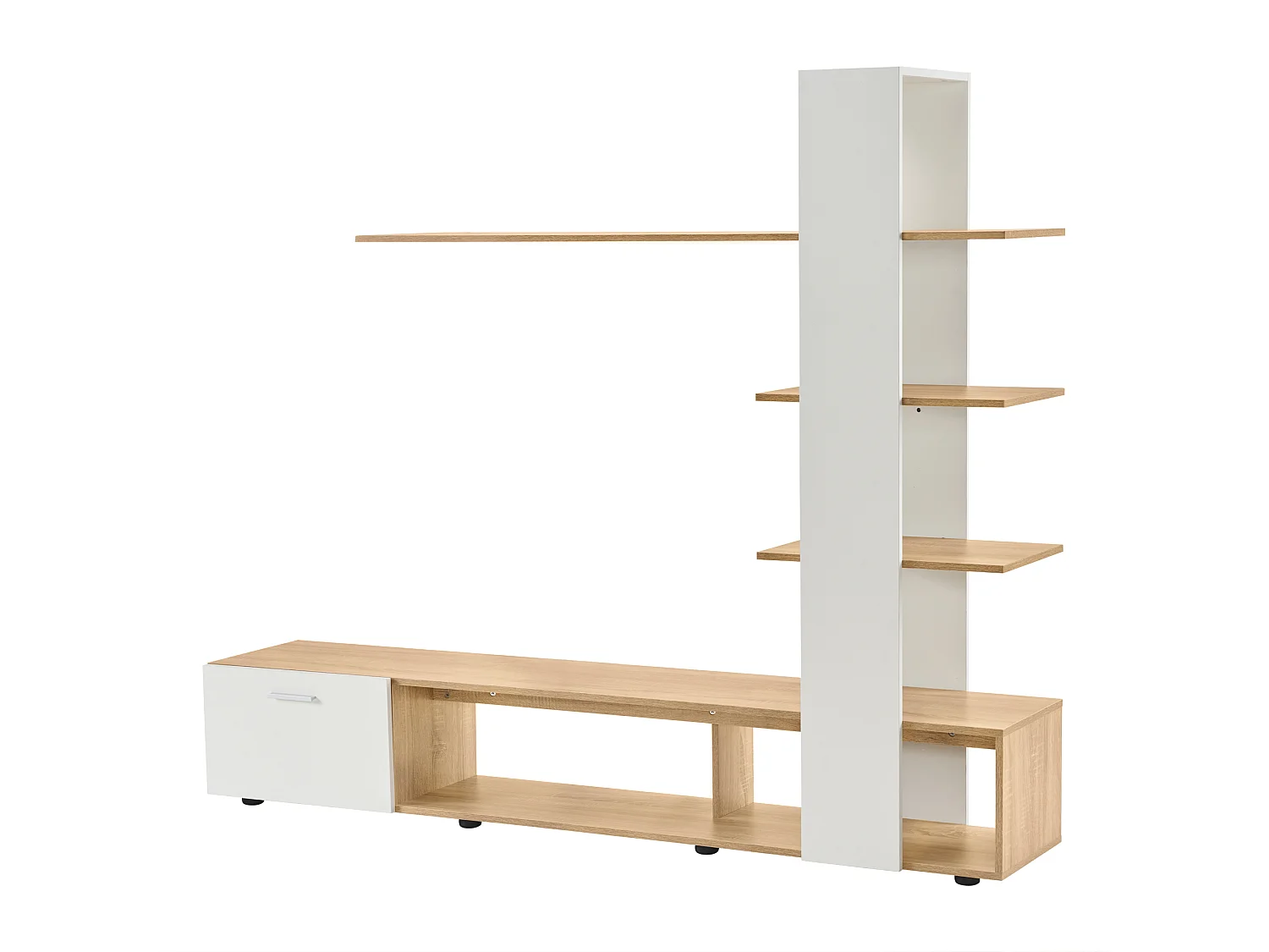 Meuble TV mural 180x33.5x151.5 cm, rangements ouverts et fermés, pour TV jusqu'à 60 pouces, panneaux de particules blanc et bois