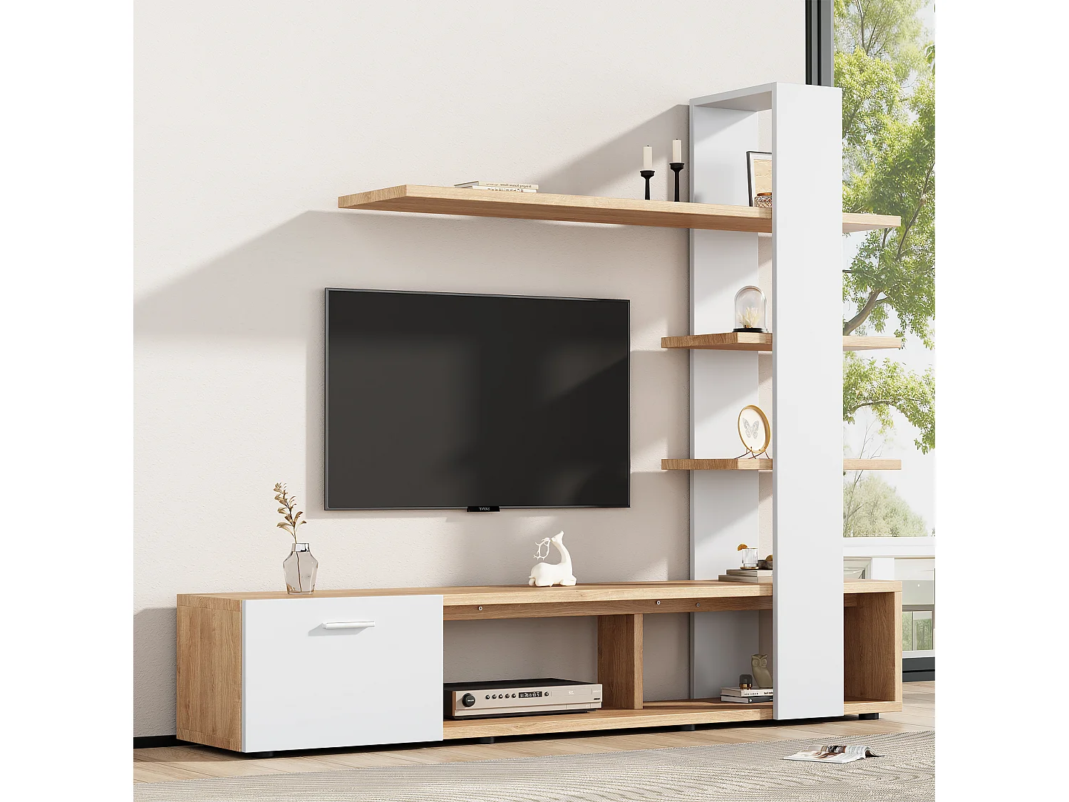 Meuble TV mural 180x33.5x151.5 cm, rangements ouverts et fermés, pour TV jusqu'à 60 pouces, panneaux de particules blanc et bois