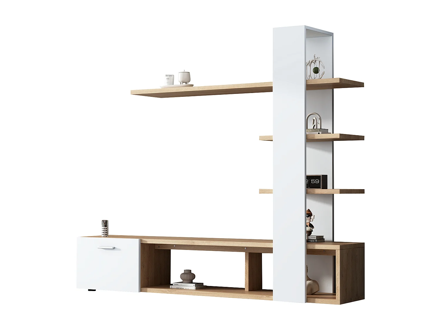 Meuble TV mural 180x33.5x151.5 cm, rangements ouverts et fermés, pour TV jusqu'à 60 pouces, panneaux de particules blanc et bois