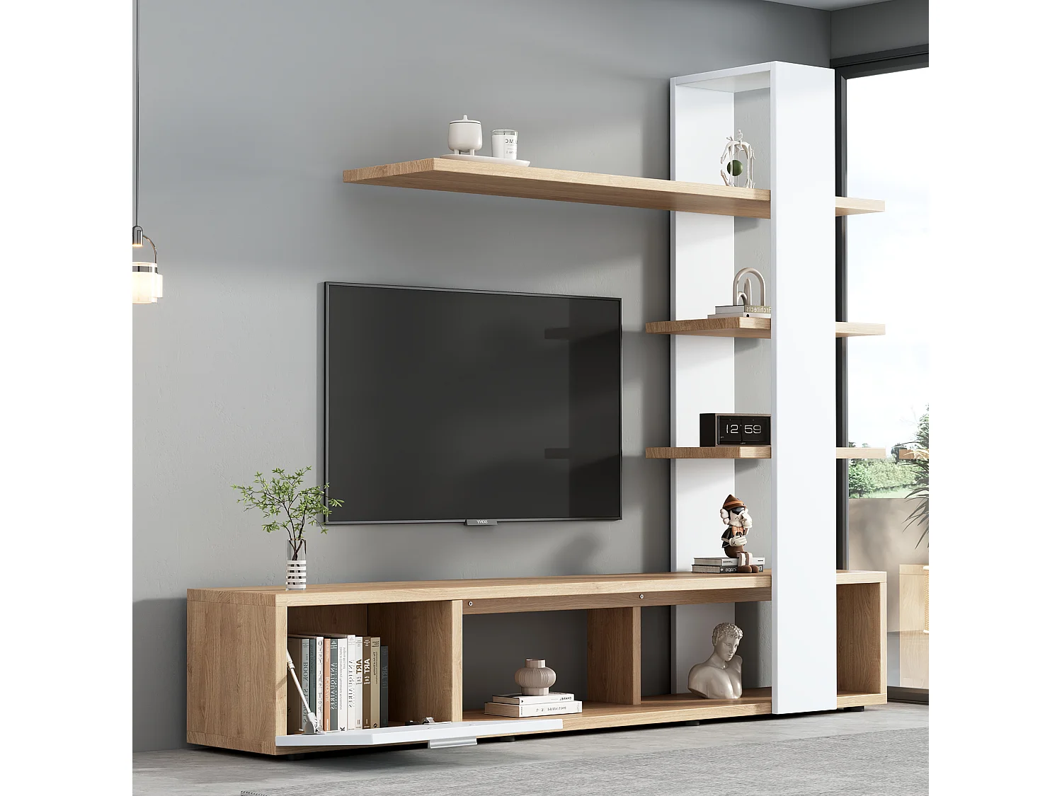Meuble TV mural 180x33.5x151.5 cm, rangements ouverts et fermés, pour TV jusqu'à 60 pouces, panneaux de particules blanc et bois