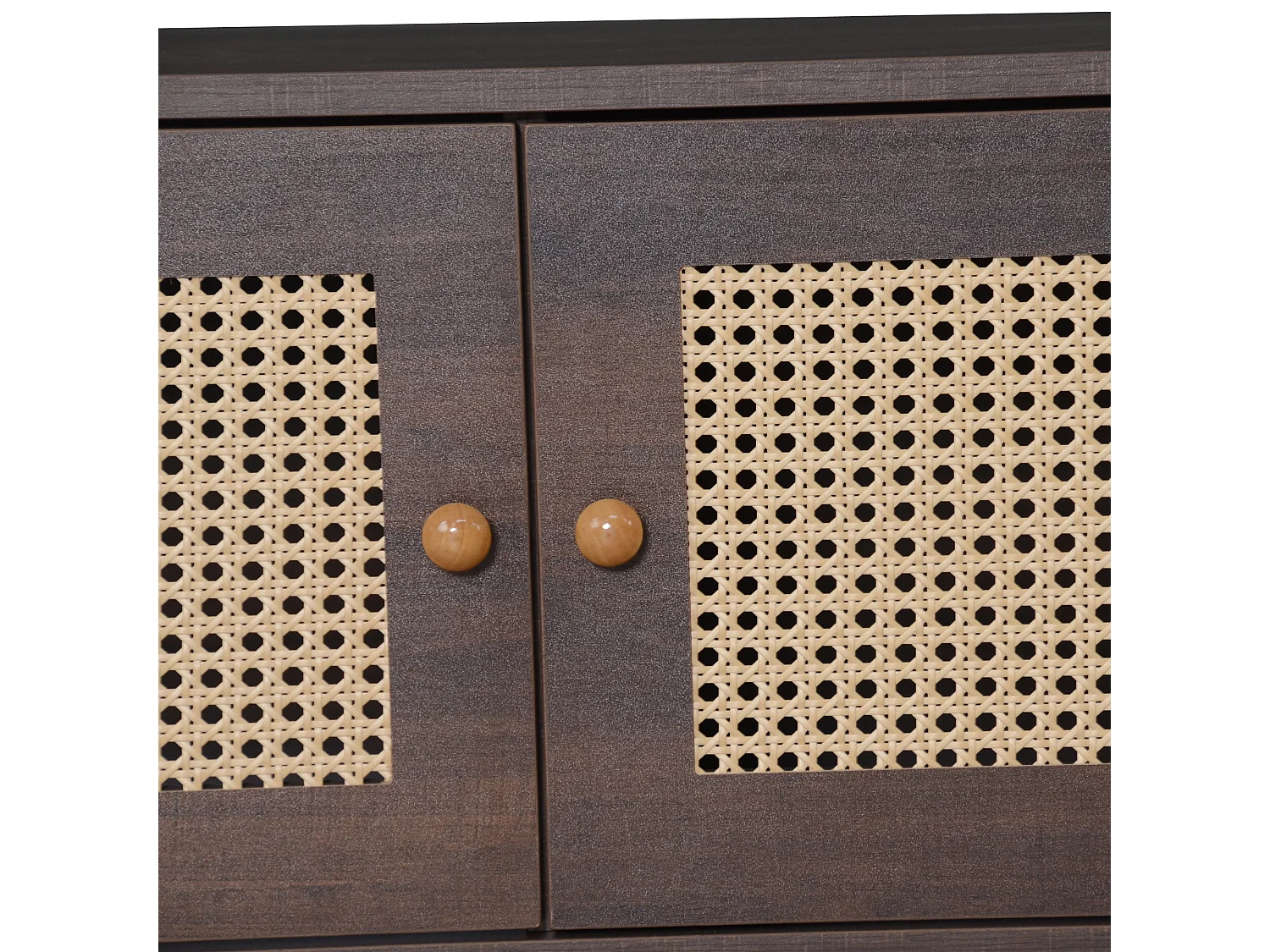 Meuble TV rotin 200x37x49.5 cm avec 2 portes et 2 tiroirs de rangement - pieds en bois - marron