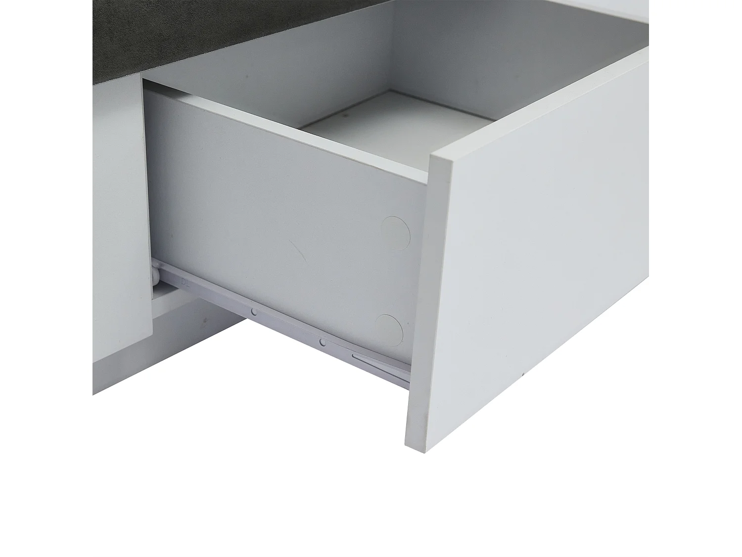 Meuble TV LED 180x40x45 cm 4 portes 2 tiroirs et rangement ouvert en bois - étagères en verre - blanc + gris