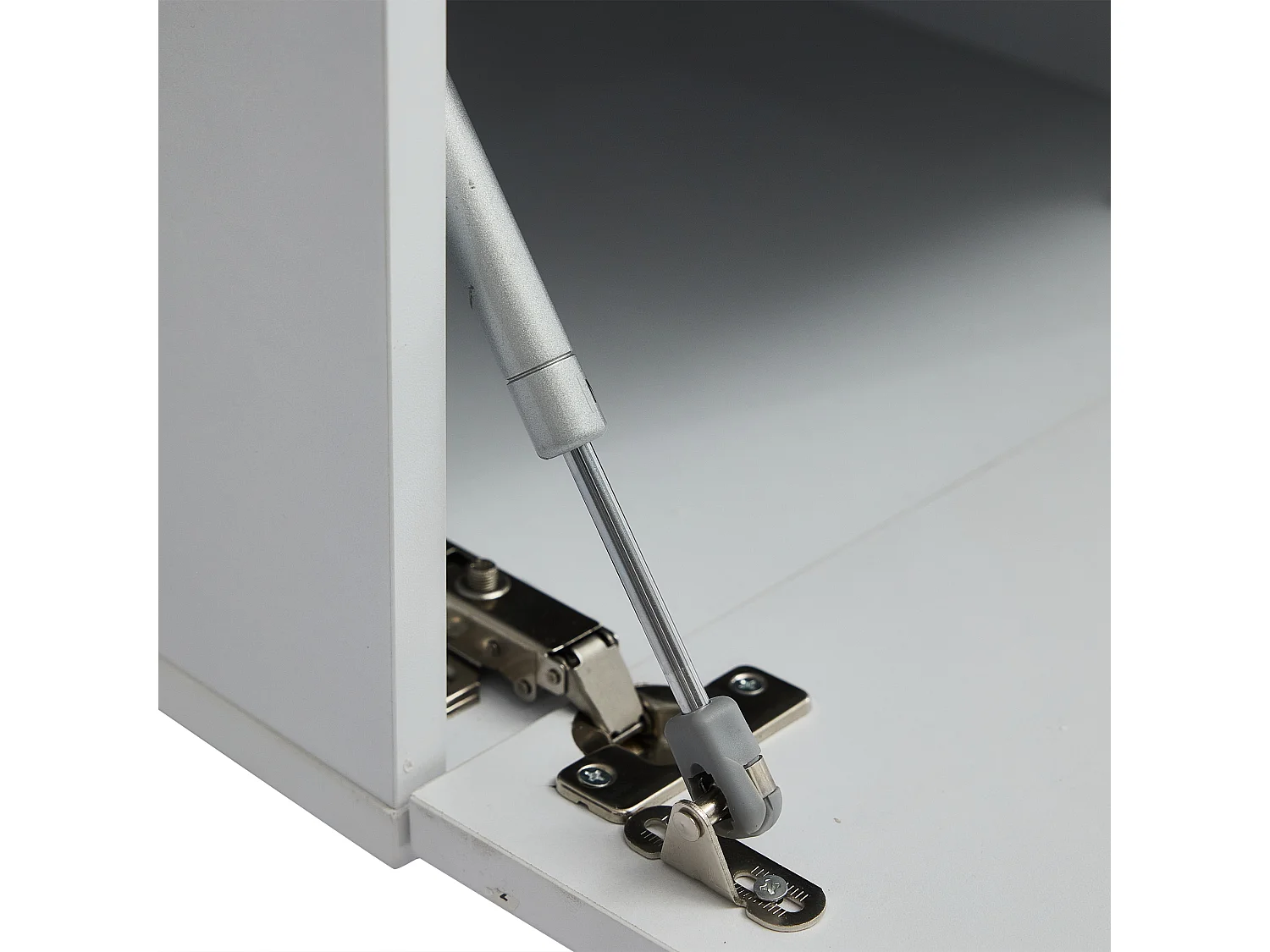 Meuble TV LED 180x40x45 cm 4 portes 2 tiroirs et rangement ouvert en bois - étagères en verre - blanc + gris