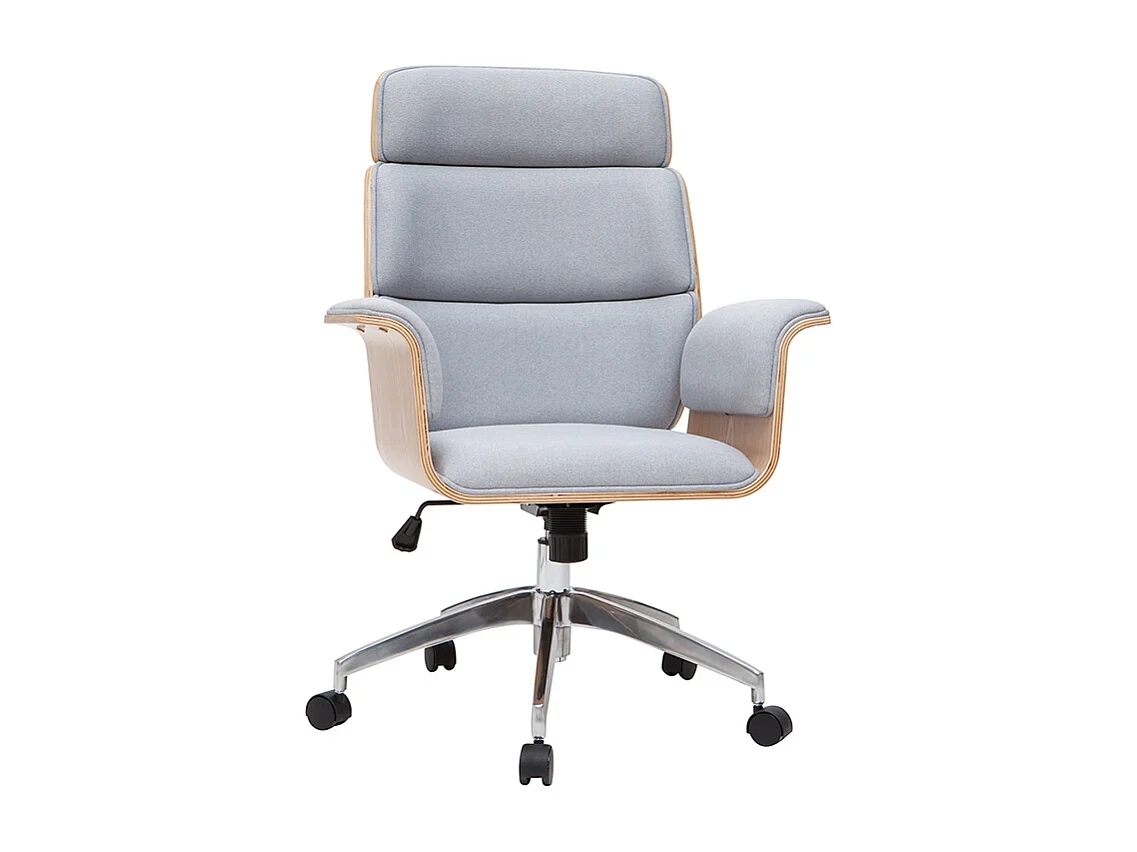 Fauteuil de bureau à roulettes design en tissu gris clair, bois clair et acier chromé ELON