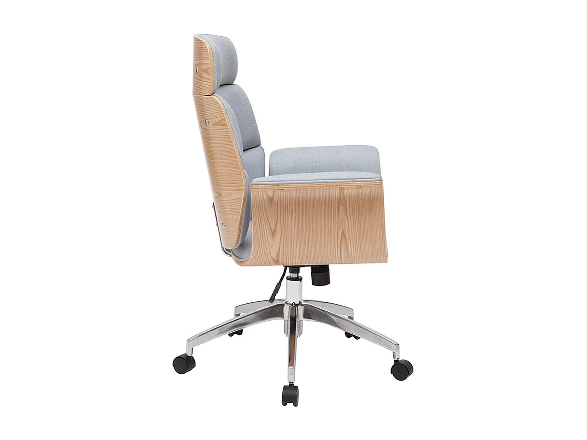 Fauteuil de bureau à roulettes design en tissu gris clair, bois clair et acier chromé ELON