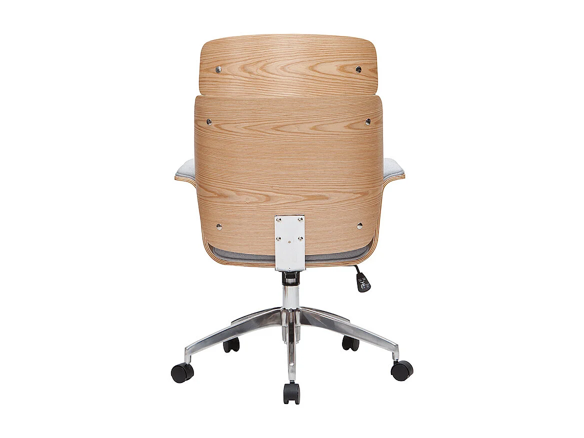 Fauteuil de bureau à roulettes design en tissu gris clair, bois clair et acier chromé ELON