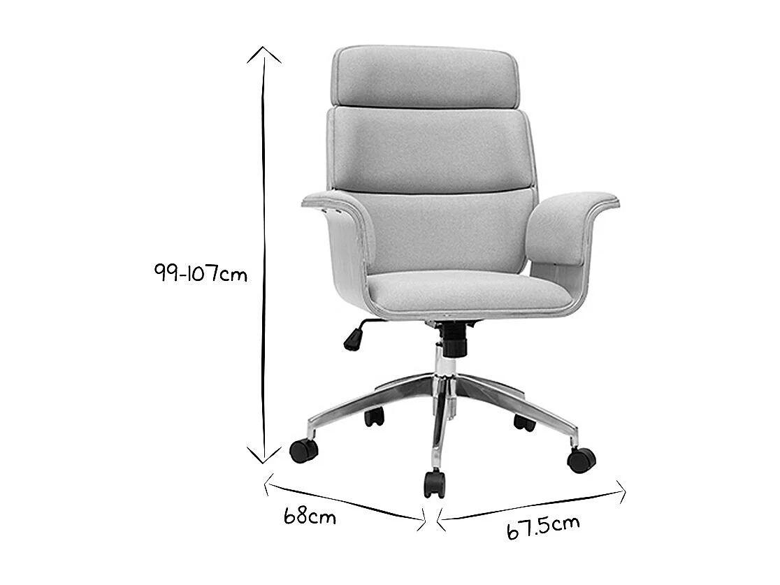 Fauteuil de bureau à roulettes design en tissu gris clair, bois clair et acier chromé ELON