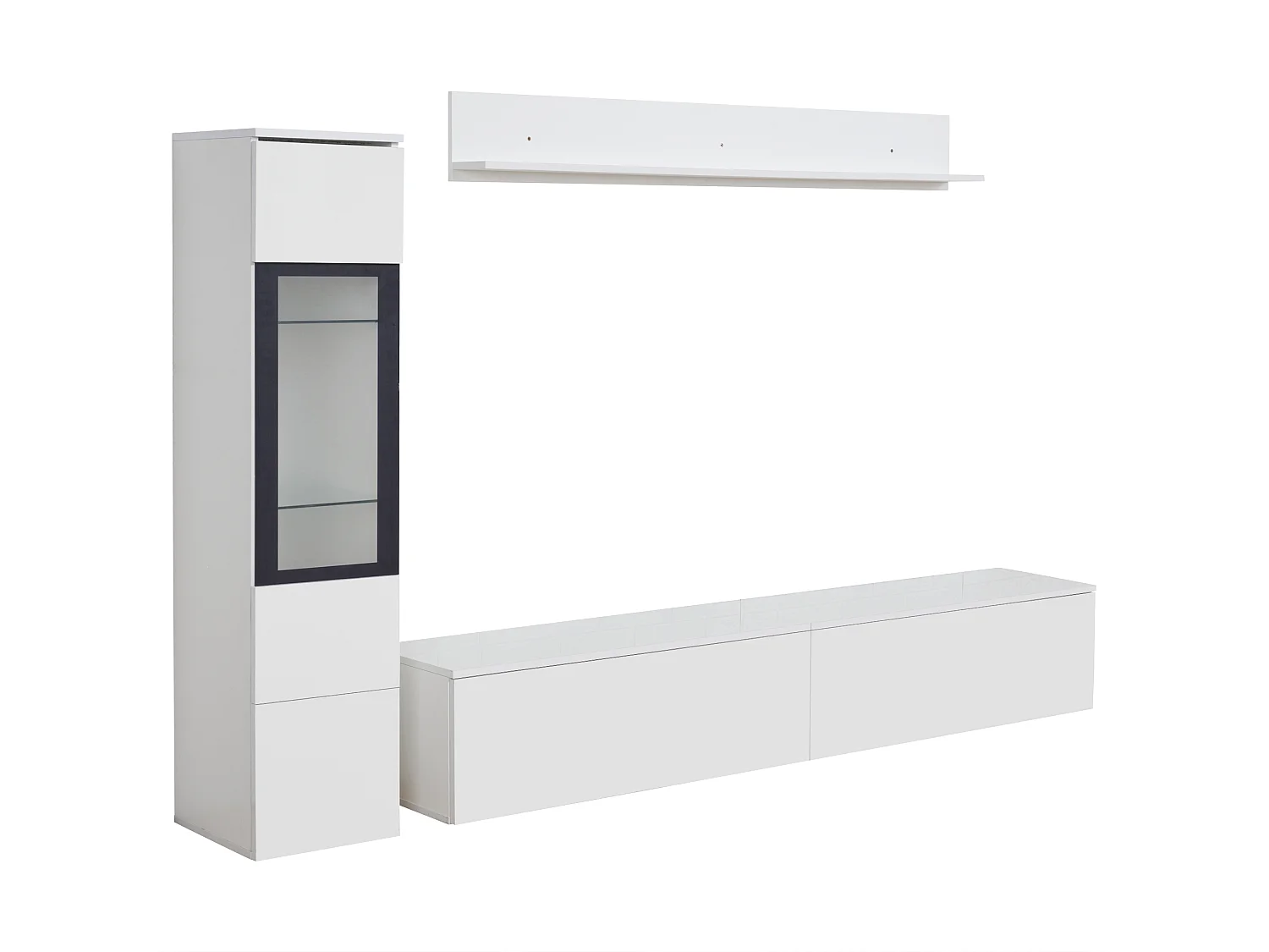 Ensemble meuble TV suspendu LED 180x33x30 cm avec 1 meuble TV 1 vitrine 1 support mural en bois - blanc