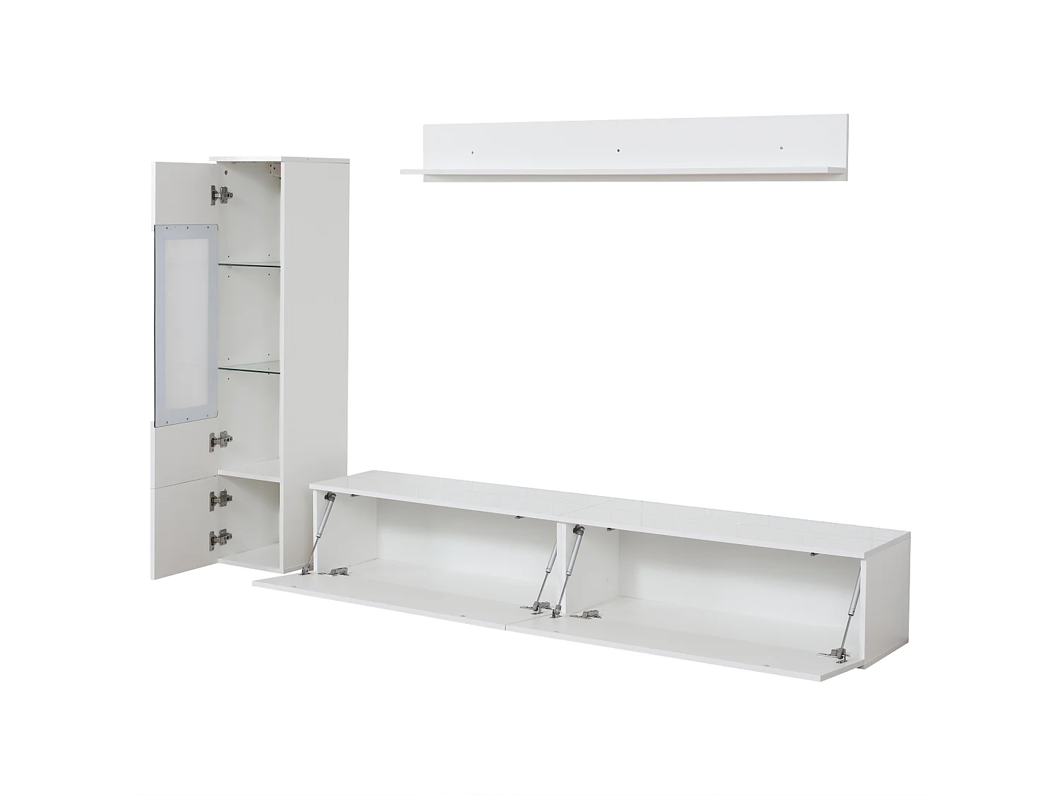 Ensemble meuble TV suspendu LED 180x33x30 cm avec 1 meuble TV 1 vitrine 1 support mural en bois - blanc