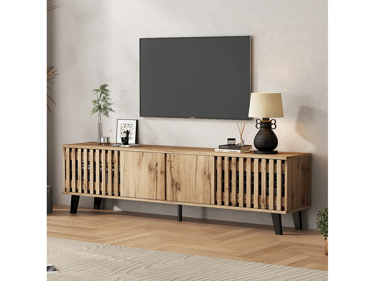 Meuble TV 180x40x55 cm avec 4 portes et rangement - pieds en bois - couleur bois