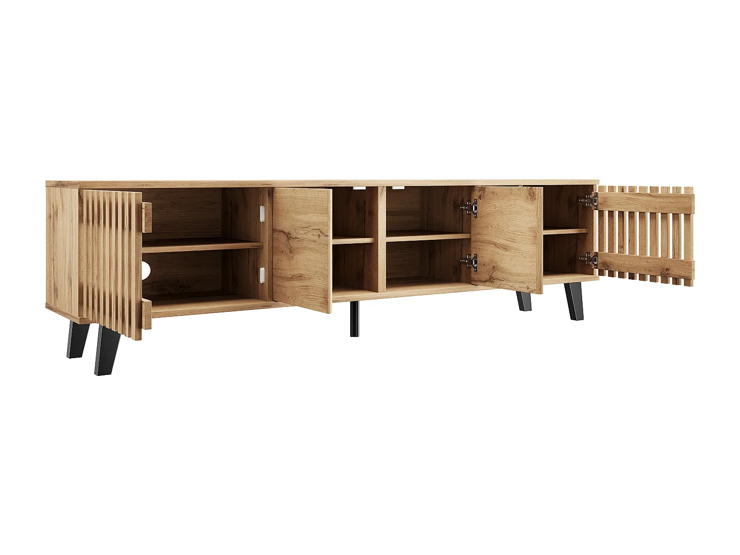 Meuble TV 180x40x55 cm avec 4 portes et rangement - pieds en bois - couleur bois