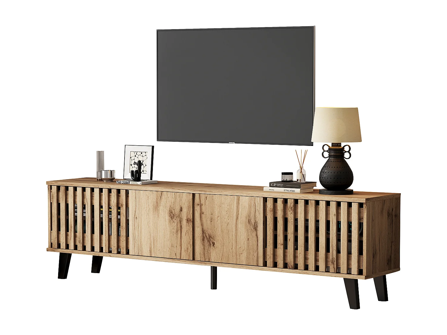 Meuble TV 180x40x55 cm avec 4 portes et rangement - pieds en bois - couleur bois