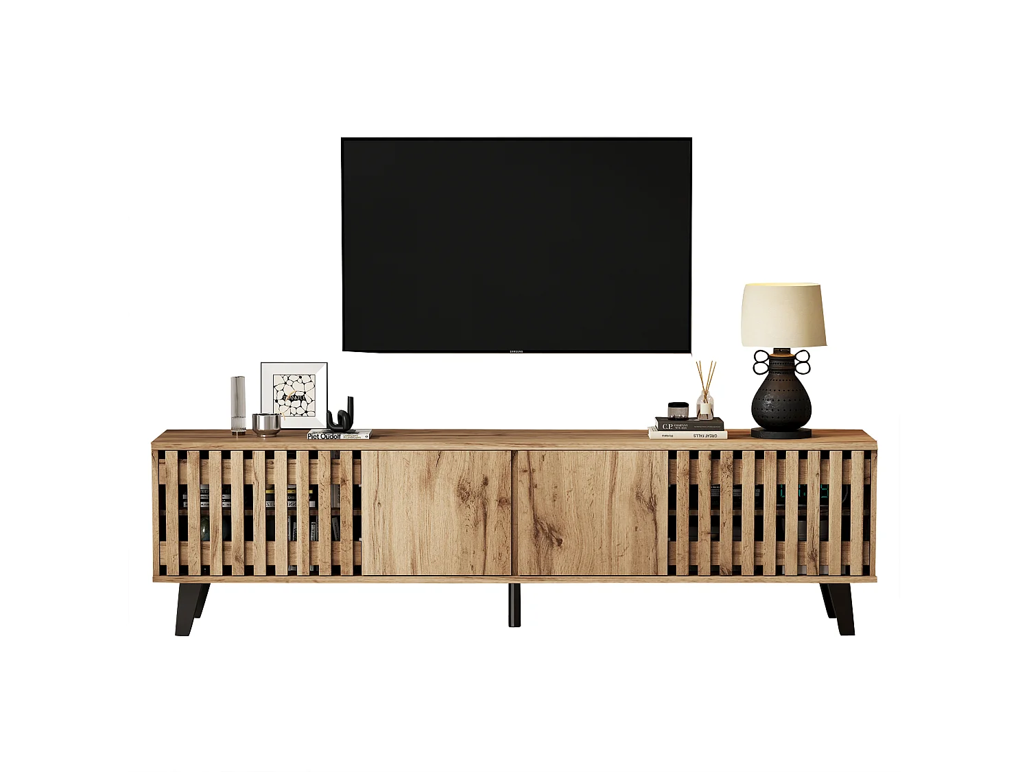 Meuble TV 180x40x55 cm, 8 compartiments et 4 portes, support 70 pouces, panneaux de particules, bois naturel