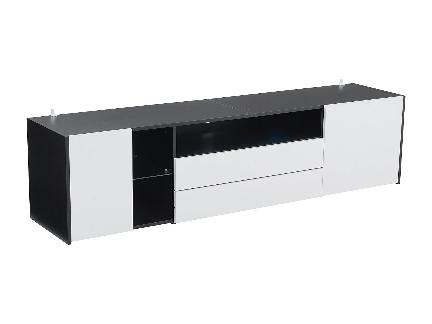 Meuble TV 180x40x45 cm LED salon avec 2 portes 2 tiroirs et rangement ouvert - bois - blanc et noir